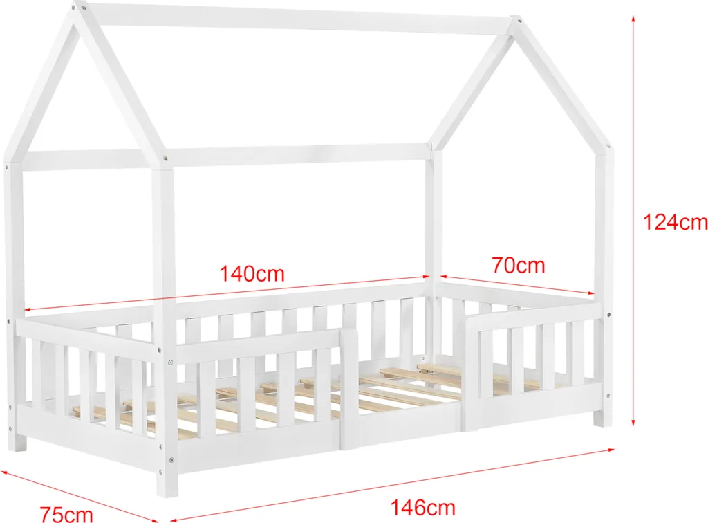 Kinderbett Sisimiut 70x140 Cm Hausbett Mit Rausfallschutz Bettenhaus Mit Lattenrost Kiefernholz Weiß – Bild 3
