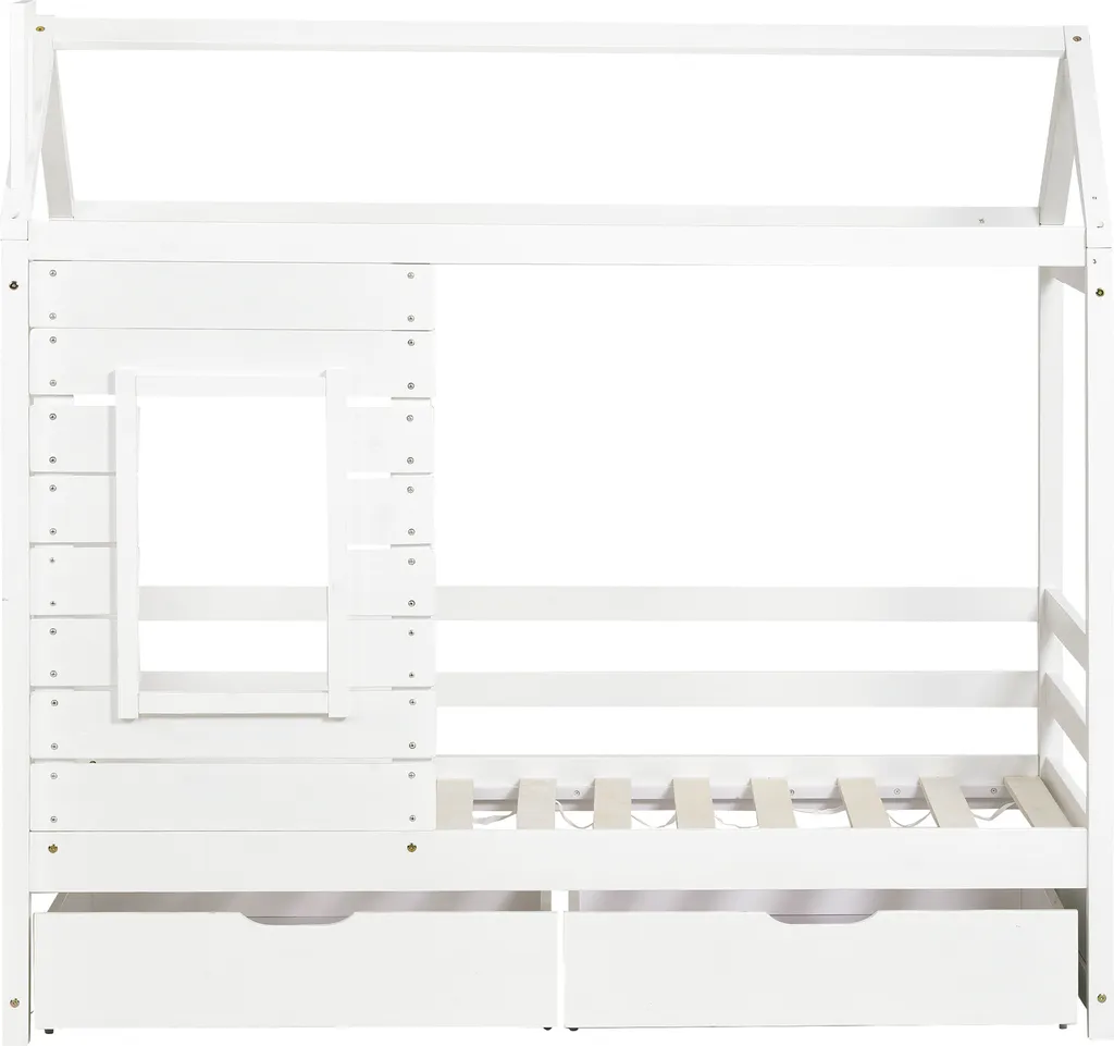 Merax Kinderbett Hausbett Mit Rausfallschutz Und Schubladen, Massivholz Spielbett 160x80 Cm Babybett Mit Lattenrost Und Fenster, Weiß – Bild 12