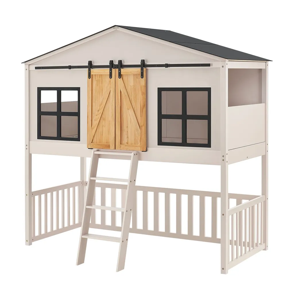 Juskys Kinderbett Farmhaus 90 X 200 Cm Mit Treppe, Dach & Fenster – Hochbett Rosa Für Kinder – Lattenrost Bis 150 Kg – Hausbett Aus Massivholz