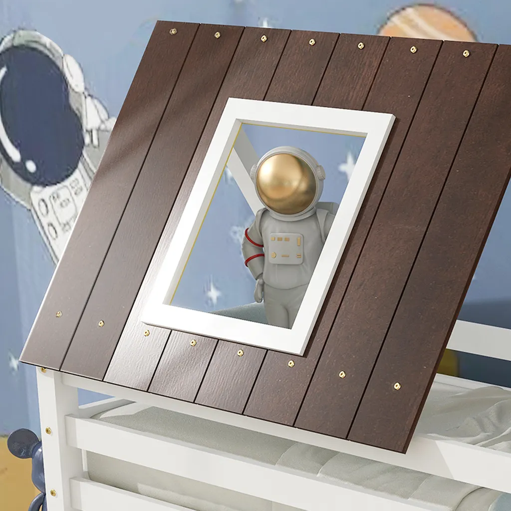 Merax Etagenbett Mit Rechtwinkliger Leiter Und Fallschutz, Dach Und Zäune, Kinderbett 90x200cm Stockbett Hausbett Aus Kiefer, Weiß Und Braun – Bild 7