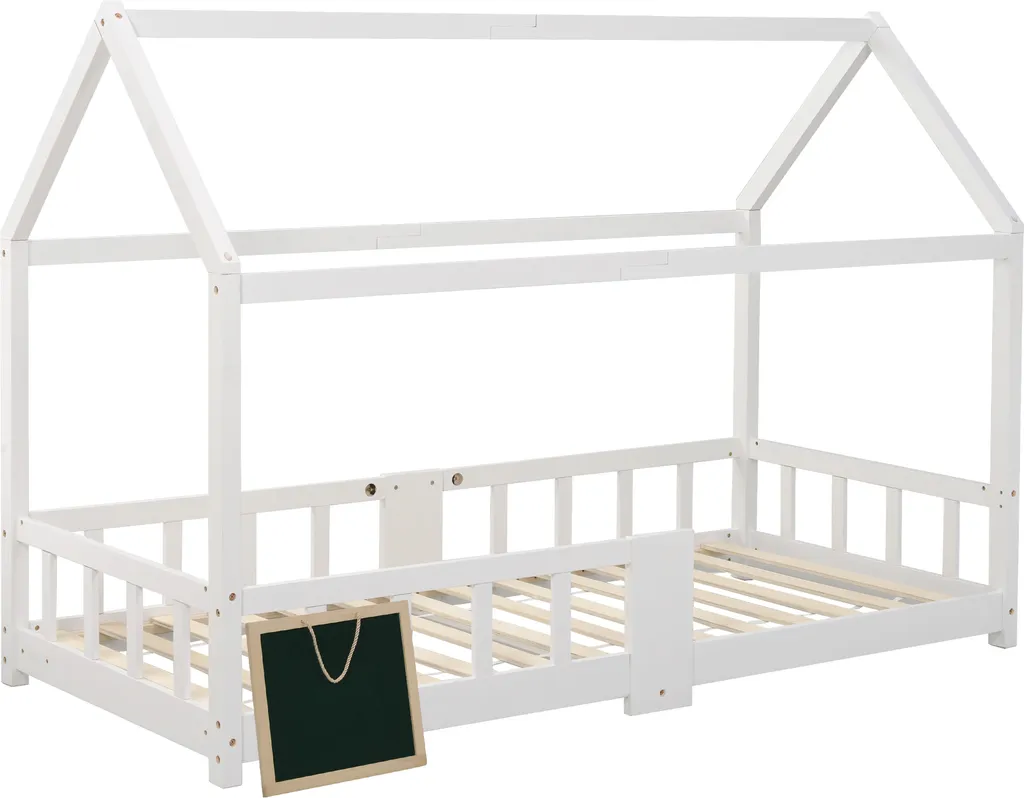 Merax Kinderbett 90 X 200 Cm Hausbett Mit Tafel Und Rausfallschutz, Lattenrost Und Zaun, Einzelbett Für Mädchen Und Jungen Kinderbetten Aus Massivem Kiefernholz, Weiß – Bild 11