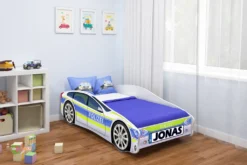 ACMA Jugendbett Kinderbett Auto-Bett Junior Cars Bett Komplett-Set Mit Matratze Lattenrost Und Rausfallschutz 160x80 Cm - Polizei -1 + NAME