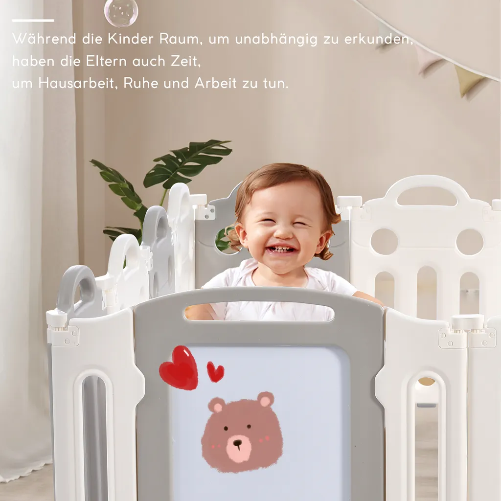 Merax Laufgitter Faltbar Laufstall Baby Absperrgitter 13+2 Paneele Schutzgitter Mit Schaukeln, Rutsche, Basketballkorb, Pinsel Und Zeichenbrett, Krabbelgitter 5-in-1 Laufgitter Für Kinder, Grau – Bild 3