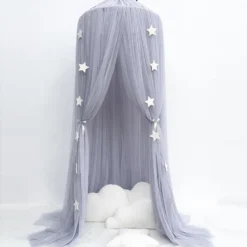 Kinderzimmer Kuppelnetz Gaze Zelt Bettnetz, Moskitonetz, Grau, Mit Leuchtenden Lichterketten