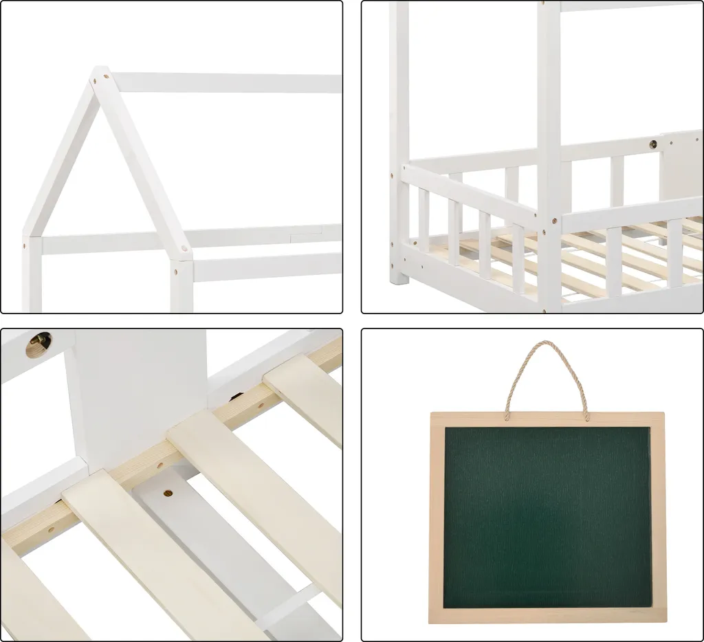Merax Kinderbett 90 X 200 Cm Hausbett Mit Tafel Und Rausfallschutz, Lattenrost Und Zaun, Einzelbett Für Mädchen Und Jungen Kinderbetten Aus Massivem Kiefernholz, Weiß – Bild 6