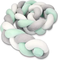 Bettschlange Geflochten,Bettschlange Geflochten Bettumrandung Babybett - Nestchen Für Baby 2M(Grau+weiss+Grün）