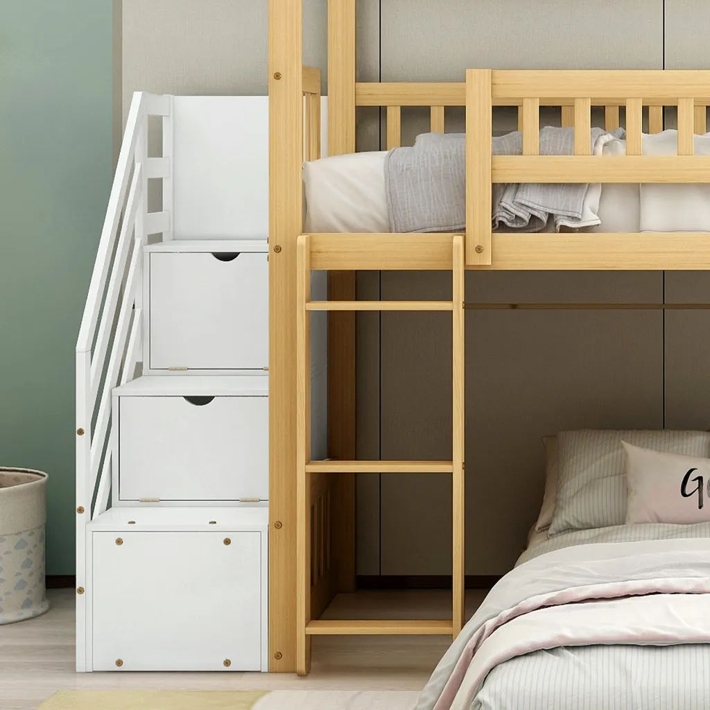 Merax Etagenbett 90x200cm Kinderbett Mit Rutsche, Treppe Mit Stauraum, Fallschutz Und Handlauf, Hausbett Aus Massivholz In Natur Und Weiß, 2 Einzelbetten Stockbett Für Kinderzimmer – Bild 5