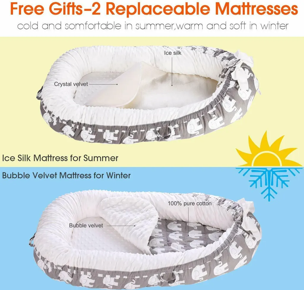 Topchances Kuschelnest Babynest Multifunktionales Nest Für Babys Säuglinge Reisebett, 100% Baumwolle Bionic Bett, Für 0-24 Monate Baby Und Säuglinge (Grau/Elefant) – Bild 3