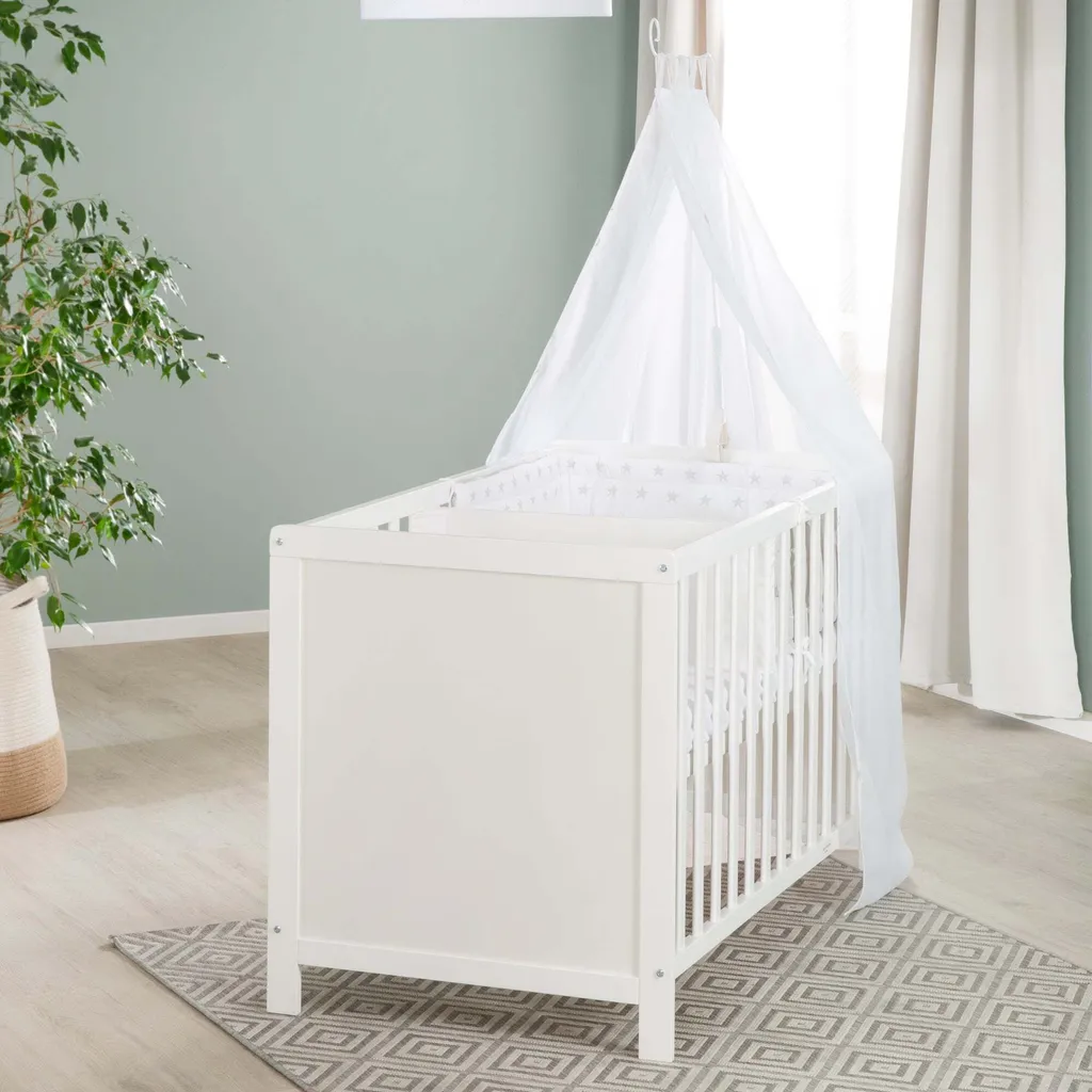 Roba Mulitfunktionsbett Sterne Grau Mit Beistellfunktion, Lattenrost, Matratze, Bettreduzierer, Himmel, Himmelstange, Kinderbett, Anstellbett, Babybett, Höhenverstellbar, Liegefläche 60x120 Cm, Weiß – Bild 8