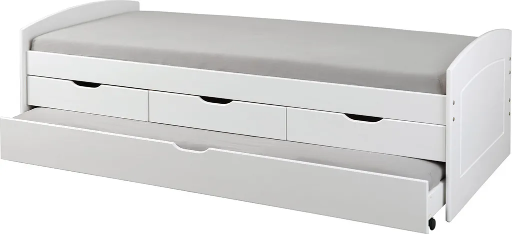 Stauraumbett Mit 2 Liegeflächen Rieka Massivholz Weiss 90 X 200 Cm 3 Schubladen Funktionsbett Schlafzimmer Kinderzimmer Inkl. Gästeliege
