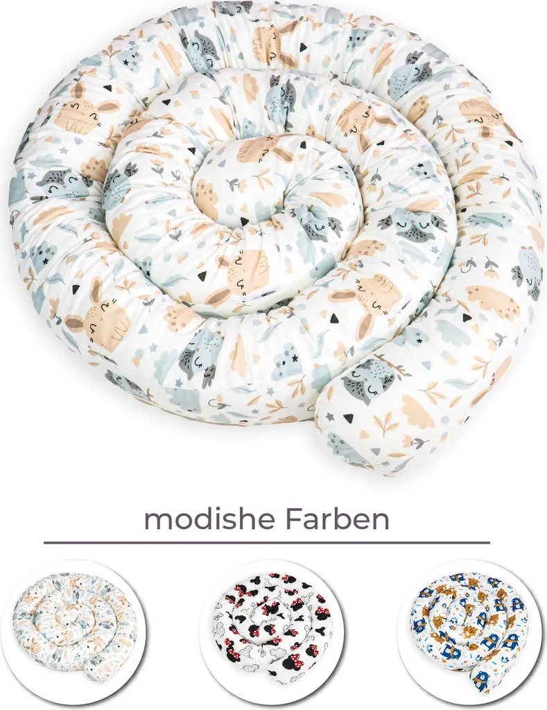 Bettschlange 400 Cm Nestchenschlange Für Baby Bettrolle 4m Bettumrandung Babybettschlange Baumwolle Eulen Und Hasen – Bild 3