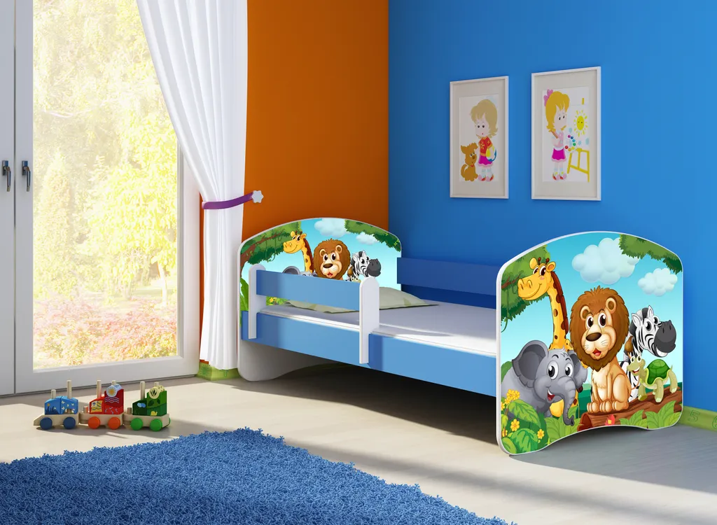 ACMA Jugendbett Kinderbett Junior-Bett Komplett-Set Mit Matratze Lattenrost Und Rausfallschutz Blau 02 Animals 160x80