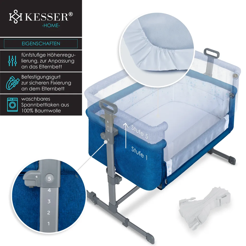 KESSER® Zustellbett Hubi 3in1 Baby Beistellbett Reisebett Babybett Mit Weich Matratze, Mit Rollen Kinderbett, 5-fach Höhenverstellung, Faltbare Seitenwand Für Zu Hause Und Unterwegs, Farbe:Blau – Bild 4