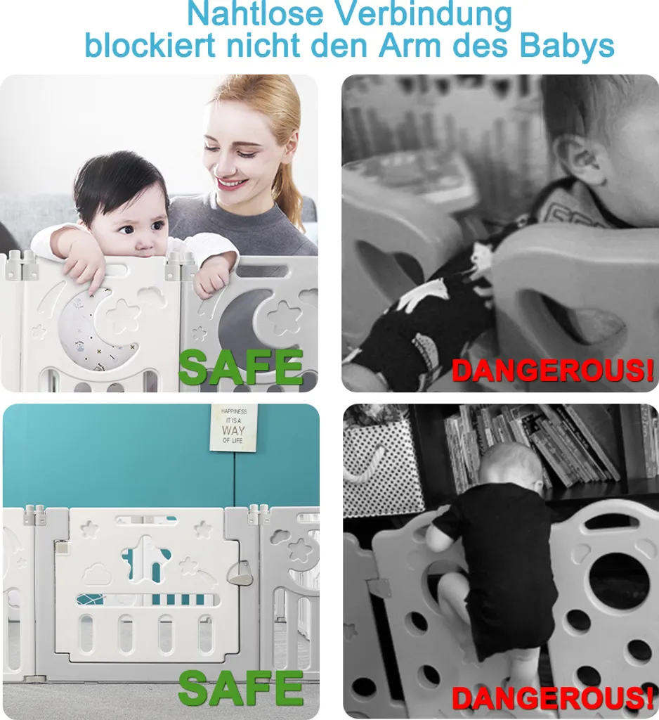 Dripex Laufgitter Laufstall Baby Absperrgitter 14-Paneele Schutzgitter Krabbelgitter Für Kinder Aus Kunststoff Mit Tür Und Spielzeugboard-Grau-Weiß – Bild 7