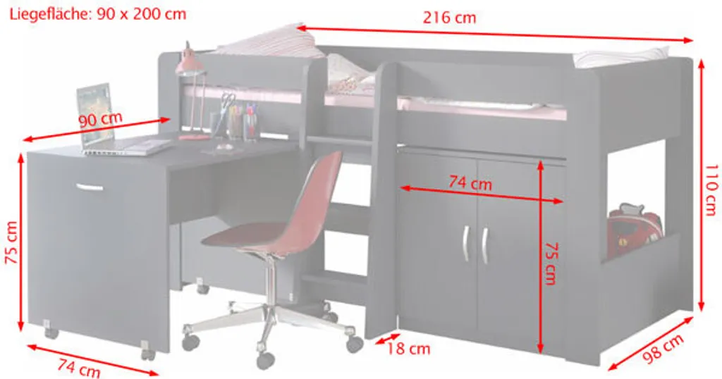 Hochbett Kombination Funky IV Mit Schreibtisch Und Kommode 90x200cm Weiß - Dunkelgrau – Bild 3