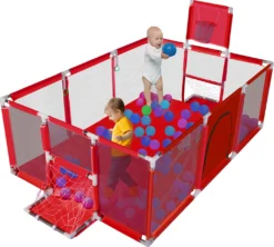 Laufstall Baby Laufgitter Schutzgitter Mit Basketball Box, Fußballbox Und Atmungsaktivem Netz, Stabiler Absperrgitter Für Kinder, Rot, 180x122cm