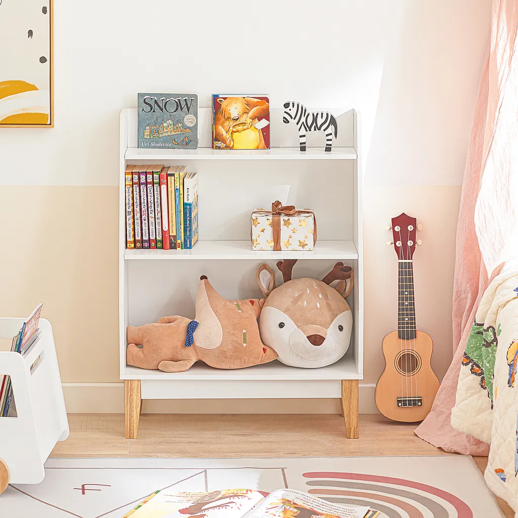 SoBuy KMB47-W Kinderregal Mit 3 Fächern Bücherregal Aufbewahrungsregal Für Kinder Standregal Mit Massivholzbeine Weiß BHT Ca.: 60x80x25cm – Bild 2