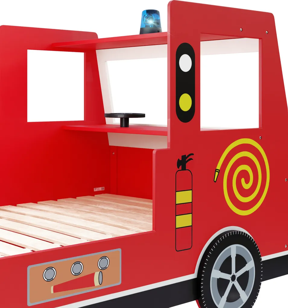 Kinder Bett Feuerwehr Optik Liegefläche 200x90 Cm Holzbett Inkl. Lattenrost Autobett 3D Räder Sirene Lenkrad – Bild 8