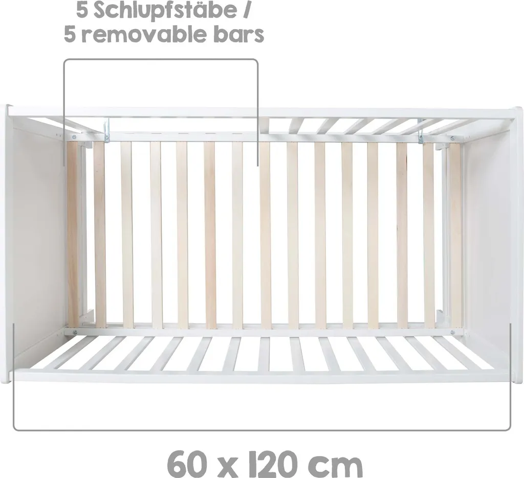 Roba Mulitfunktionsbett Sterne Grau Mit Beistellfunktion, Lattenrost, Matratze, Bettreduzierer, Himmel, Himmelstange, Kinderbett, Anstellbett, Babybett, Höhenverstellbar, Liegefläche 60x120 Cm, Weiß – Bild 7