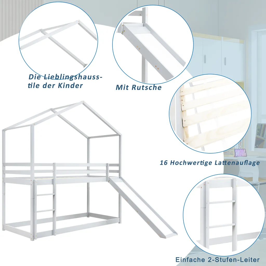 Merax Kinderbett 90x200cm Hochbett Etagenbett Mit Leiter Und Rutsche, Rausfallschutz Und Dachform, 2 Einzelbetten Hoch Doppel Stockbett Für Kinderzimmer, Kiefernholz Rahmen, Weiß – Bild 6