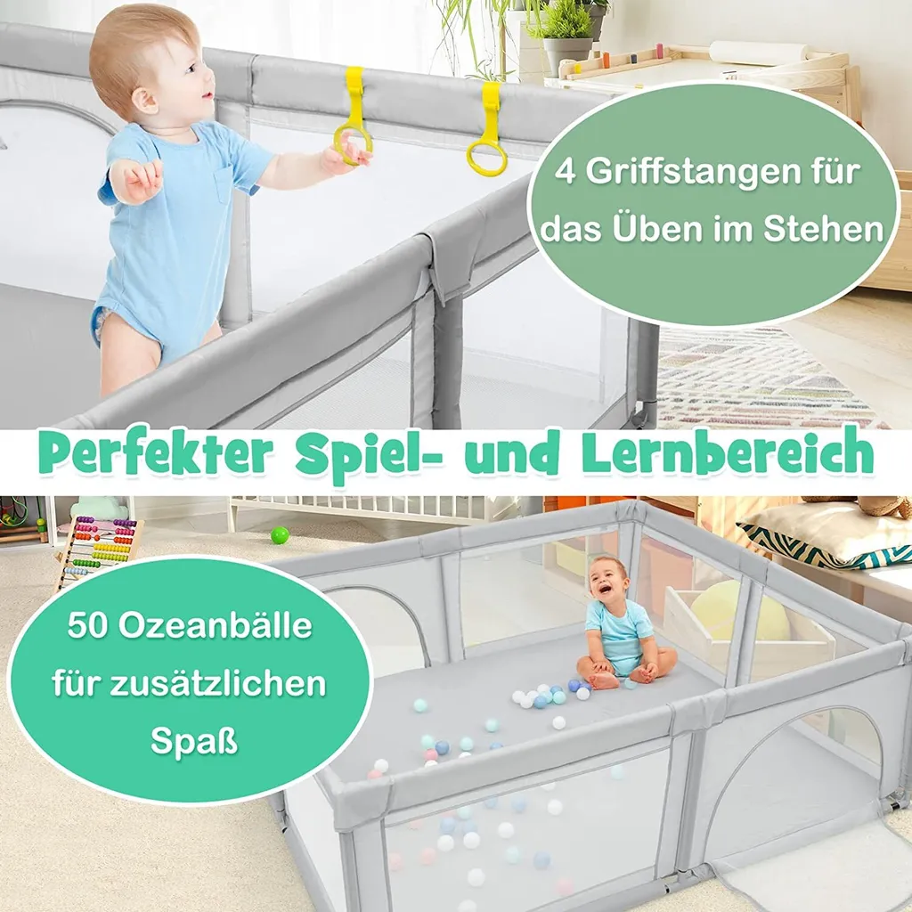 COSTWAY 206 X 185,5cm Baby Laufstall Mit 50 Spielbällen, Laufgitter Mit Atmungsaktivem Netz Und Reißverschluss, Krabbelgitter Mit 2 Türen, Laufgitterzelt Für Säuglinge Und Kinder (Grau) – Bild 2