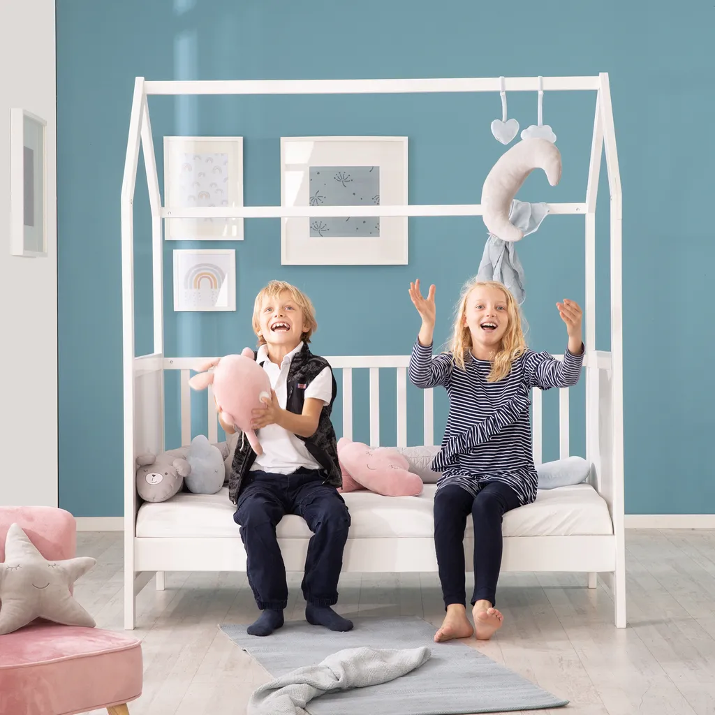 Roba Hausbett 70 X 140 Cm, Kombi-Kinderbett In Hausoptik, Weiß, 3-fach Verstellbar, Schlupfstäbe, Umbaubar Zum Juniorbett – Bild 5