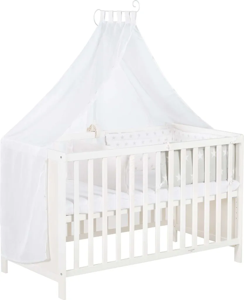 Roba Mulitfunktionsbett Sterne Grau Mit Beistellfunktion, Lattenrost, Matratze, Bettreduzierer, Himmel, Himmelstange, Kinderbett, Anstellbett, Babybett, Höhenverstellbar, Liegefläche 60x120 Cm, Weiß