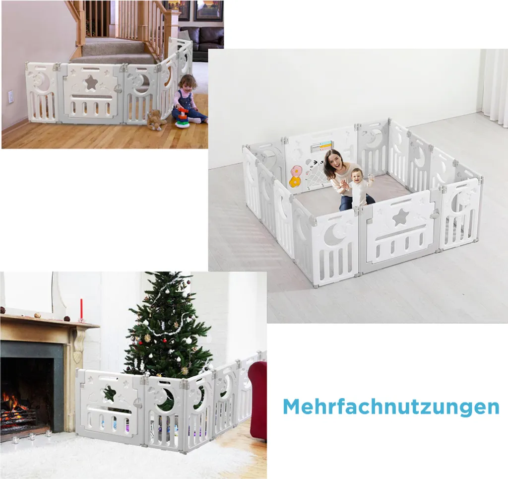 Dripex Laufgitter Laufstall Baby Absperrgitter 14-Paneele Schutzgitter Krabbelgitter Für Kinder Aus Kunststoff Mit Tür Und Spielzeugboard-Grau-Weiß – Bild 2