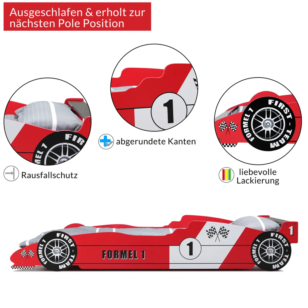 Kinderbett Formel 1 ✔200x90 Cm ✔inkl. Lattenrost ✔Holz ✔rot Schwarz Autobett Rennbett Bettgestell – Bild 3