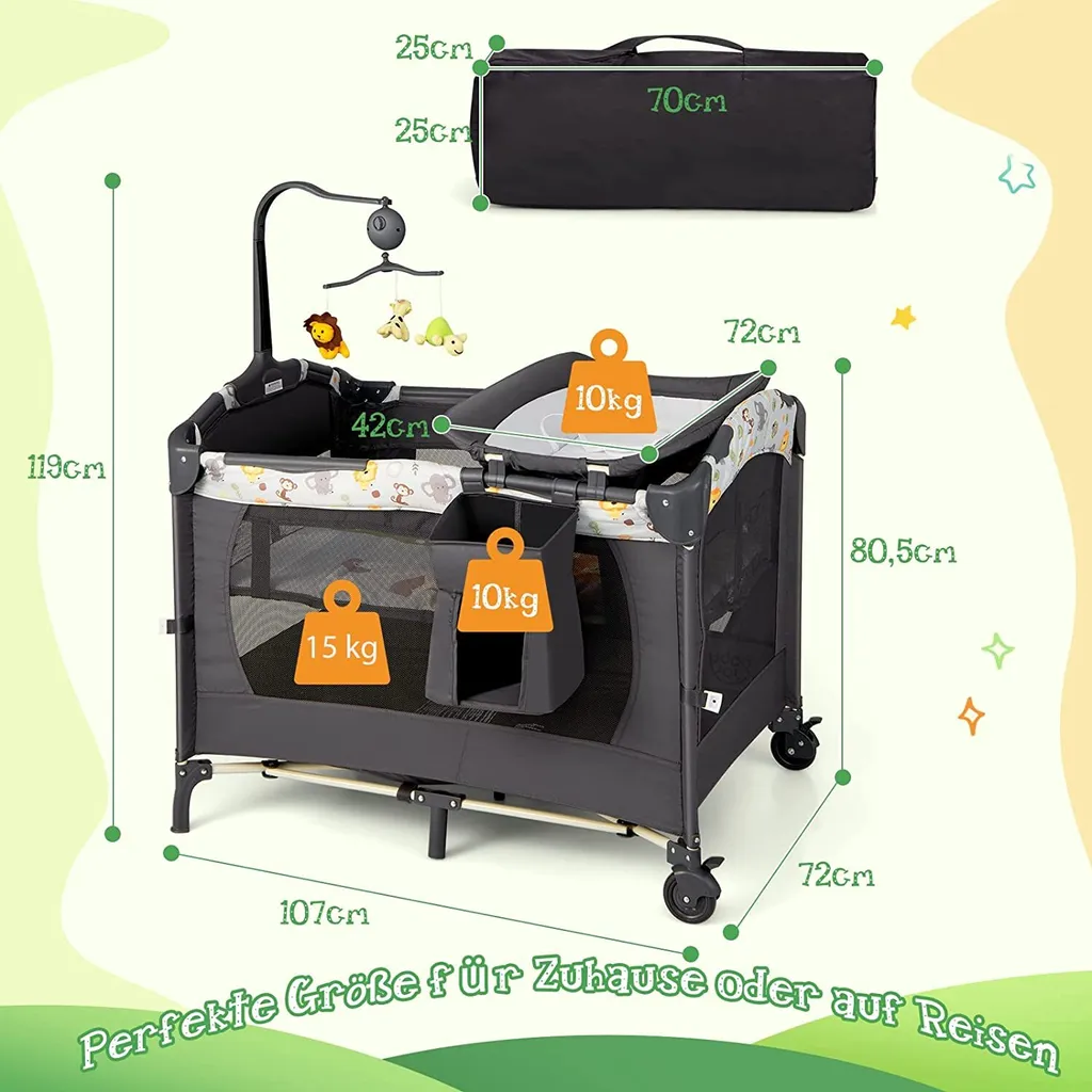 COSTWAY 4 In 1 Klappbares Reisebett & Beistellbett & Wickeltisch & Laufstall Rollbar, 2 Ebenen Babybett Inkl. Spielbogen, Matratze, Wickelauflage, Windelaufbewahrung Und Spieluhr (Hellgrau) – Bild 4