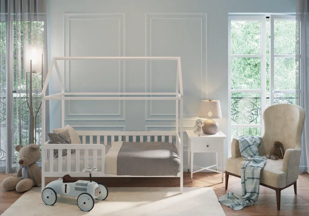 Kinderbett Hausbett Set 160×80 Mit Rausfallschutz Und Matratze Weiß Einzelbett – Bild 2