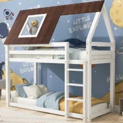 Merax Etagenbett Mit Rechtwinkliger Leiter Und Fallschutz, Dach Und Zäune, Kinderbett 90x200cm Stockbett Hausbett Aus Kiefer, Weiß Und Braun