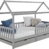 Hausbett NUNA Aus Massiver Kiefer, Montessori Bett In 90 X 200 Cm Mit Rausfallschutz, Spielbett Mit Schubladen, Modernes Kinderbett Mit Dach In Grau