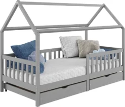 Hausbett NUNA Aus Massiver Kiefer, Montessori Bett In 90 X 200 Cm Mit Rausfallschutz, Spielbett Mit Schubladen, Modernes Kinderbett Mit Dach In Grau