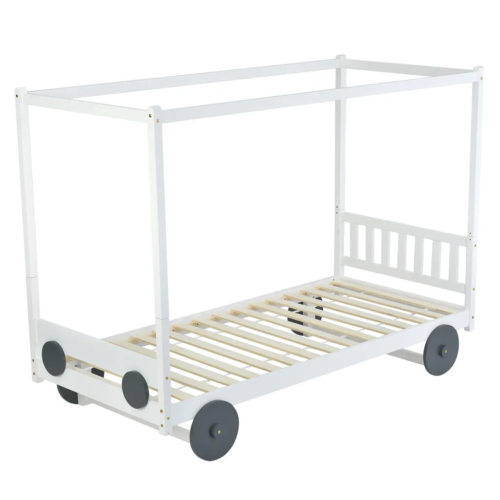 Merax Kinderbett 90x200cm Autobett Mit Lattenrost Und Rädern, Abnehmbarer Rahmen, Rahmen Aus Kiefer, Einzelbett Jungenbett Babybett Für Mädchen Und Jungen, Weiß – Bild 11
