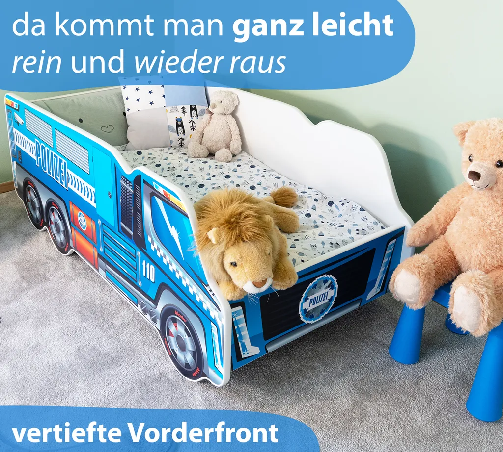Alcube® Autobett 70x140 Cm LKW Polizei Mit Matratze Und Lattenrost Kinderbett 70x140 TRUCK Spielbett Massivholzbett Blau – Bild 4