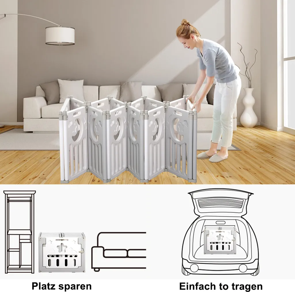 Dripex Laufgitter Laufstall Baby Absperrgitter 14-Paneele Schutzgitter Krabbelgitter Für Kinder Aus Kunststoff Mit Tür Und Spielzeugboard-Grau-Weiß – Bild 3